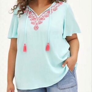 Torrid Aqua Embroidered Peasant Top